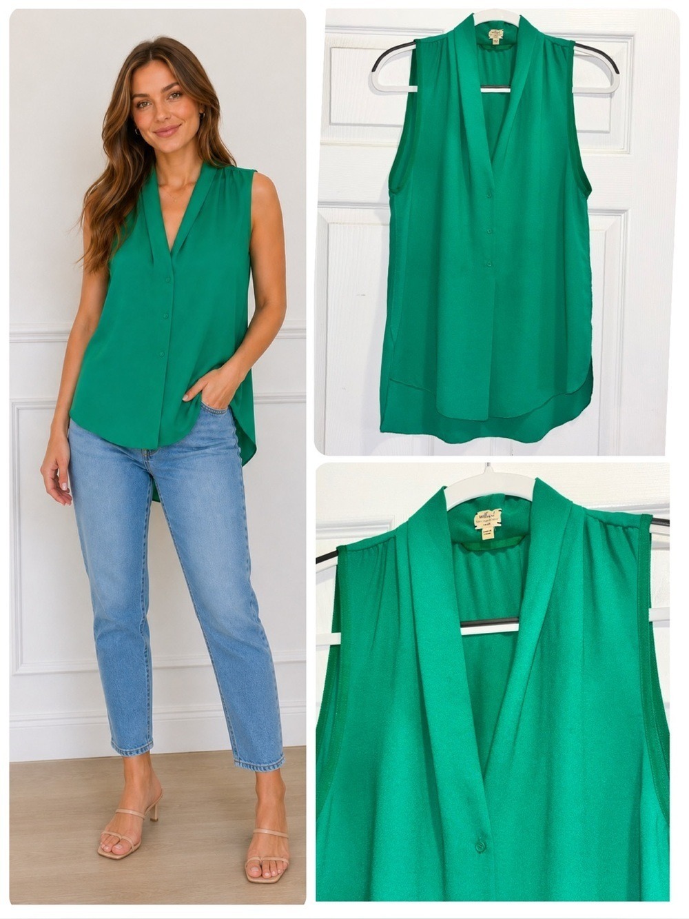 Aritzia Wilfred Nuit Blouse Sleeveless V/Neck Flowy Emerald Green Top Size Small